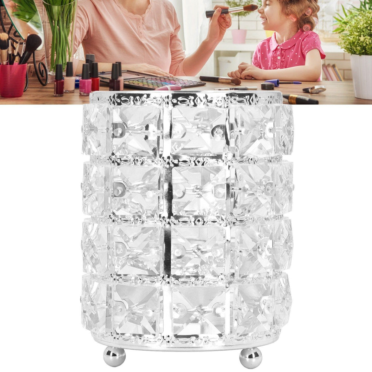 Crystal Makeup Brush Holder European Style Rounded Crystal Glass Cosmetic OrganizerSilver