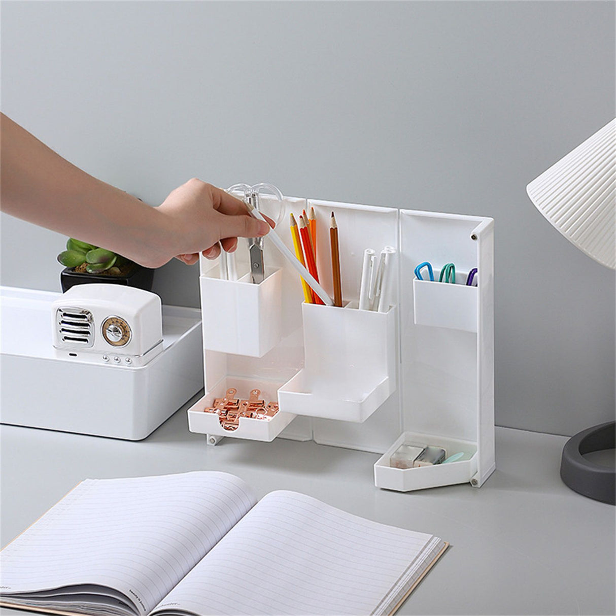 Folding Standable Stationery Box Office Pencil Holder Desktop Magnetic Plastic Makeup Case White