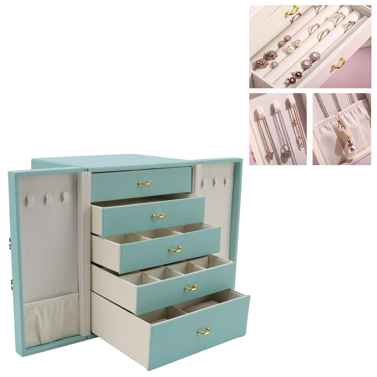 Jewelry Storage Box Leather Double Door Green European Style Storage Case for Necklace Earring Watch Bracelet