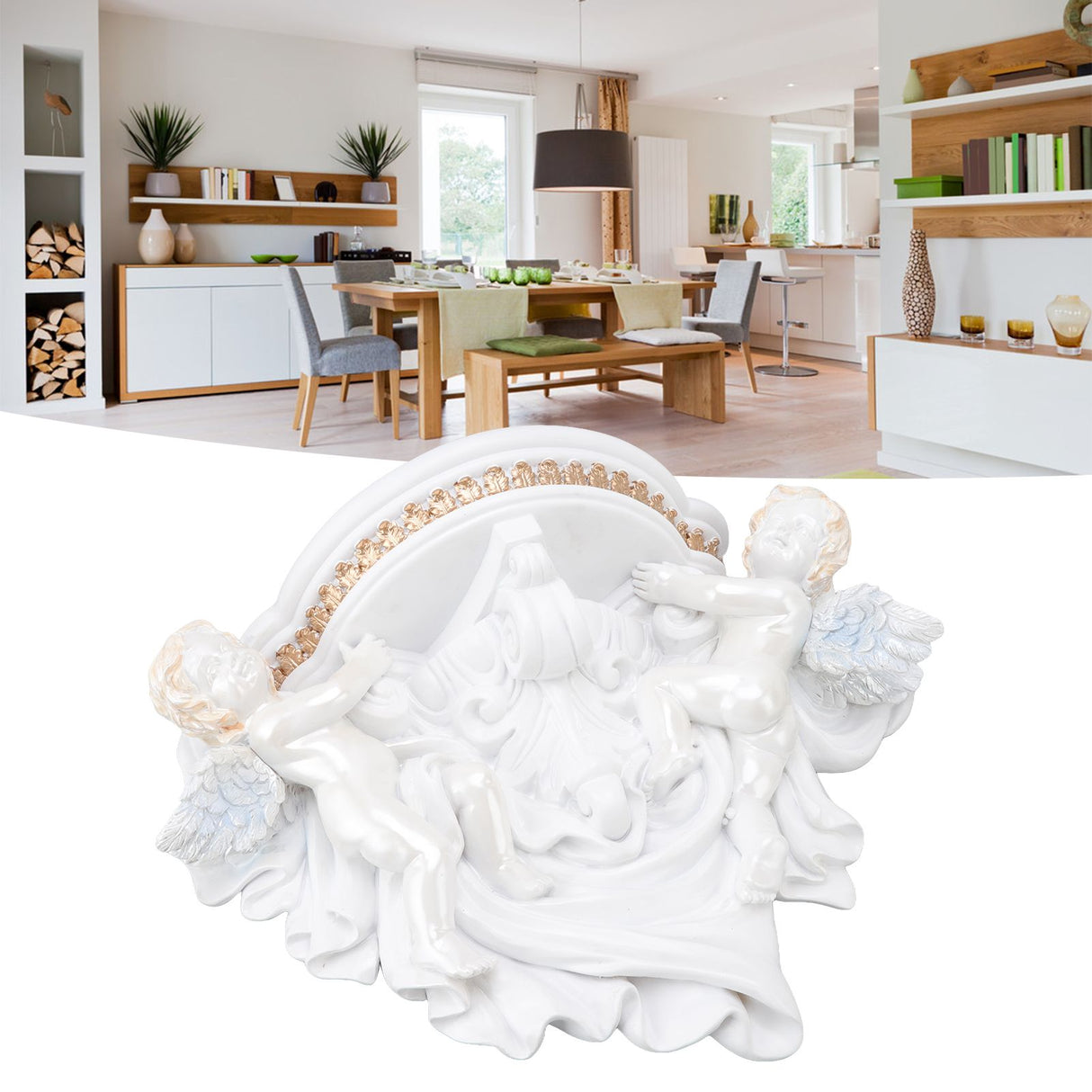 Resin Angel Wall Shelf European Exquisite Beautiful Decoration Rack for Bedroom Living Room Kitchen Pure White Gold