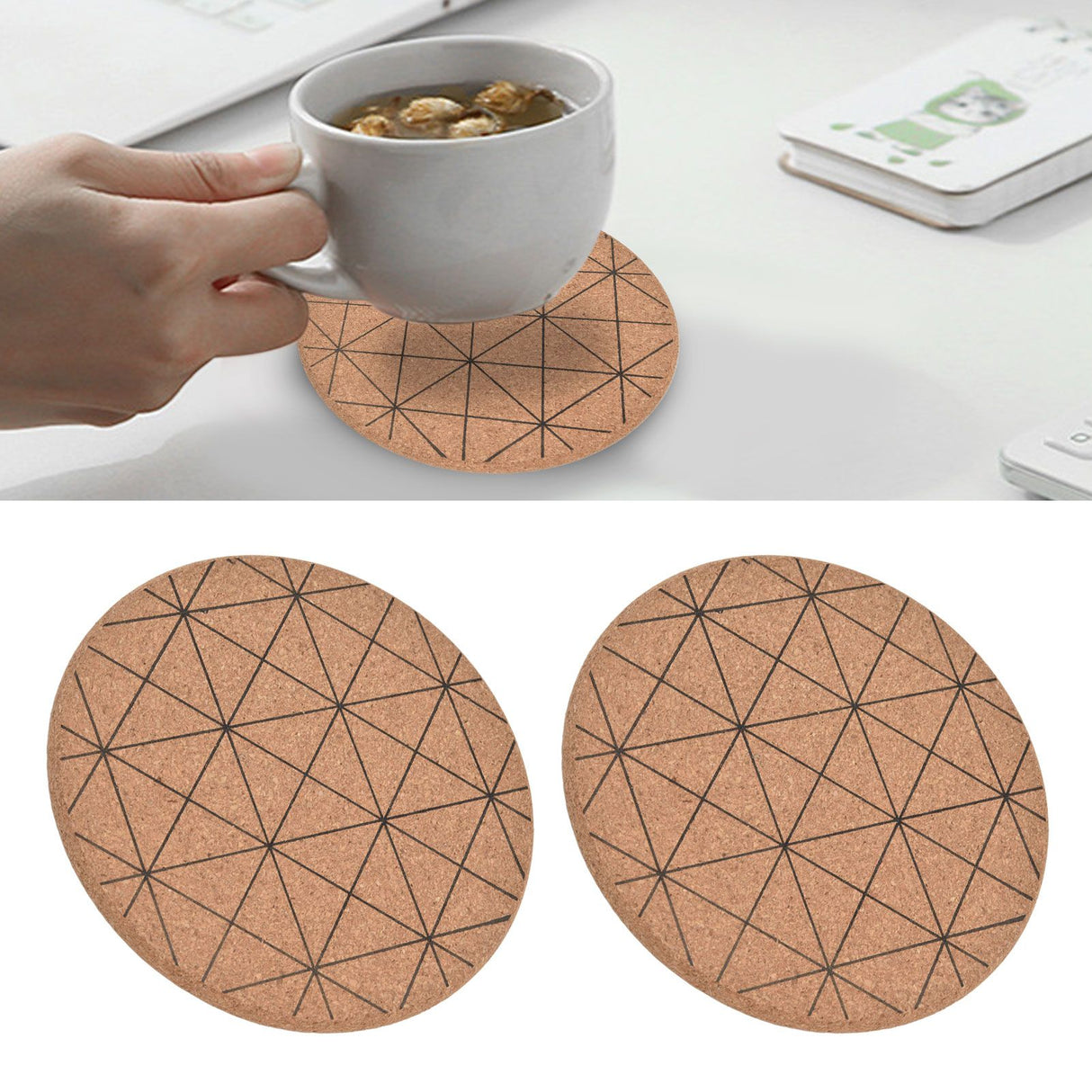 2pcs Cork Coasters Safety Design Convenient Practical Glossy Thick Rustic Style Wooden Decoration for KitchensPlaid