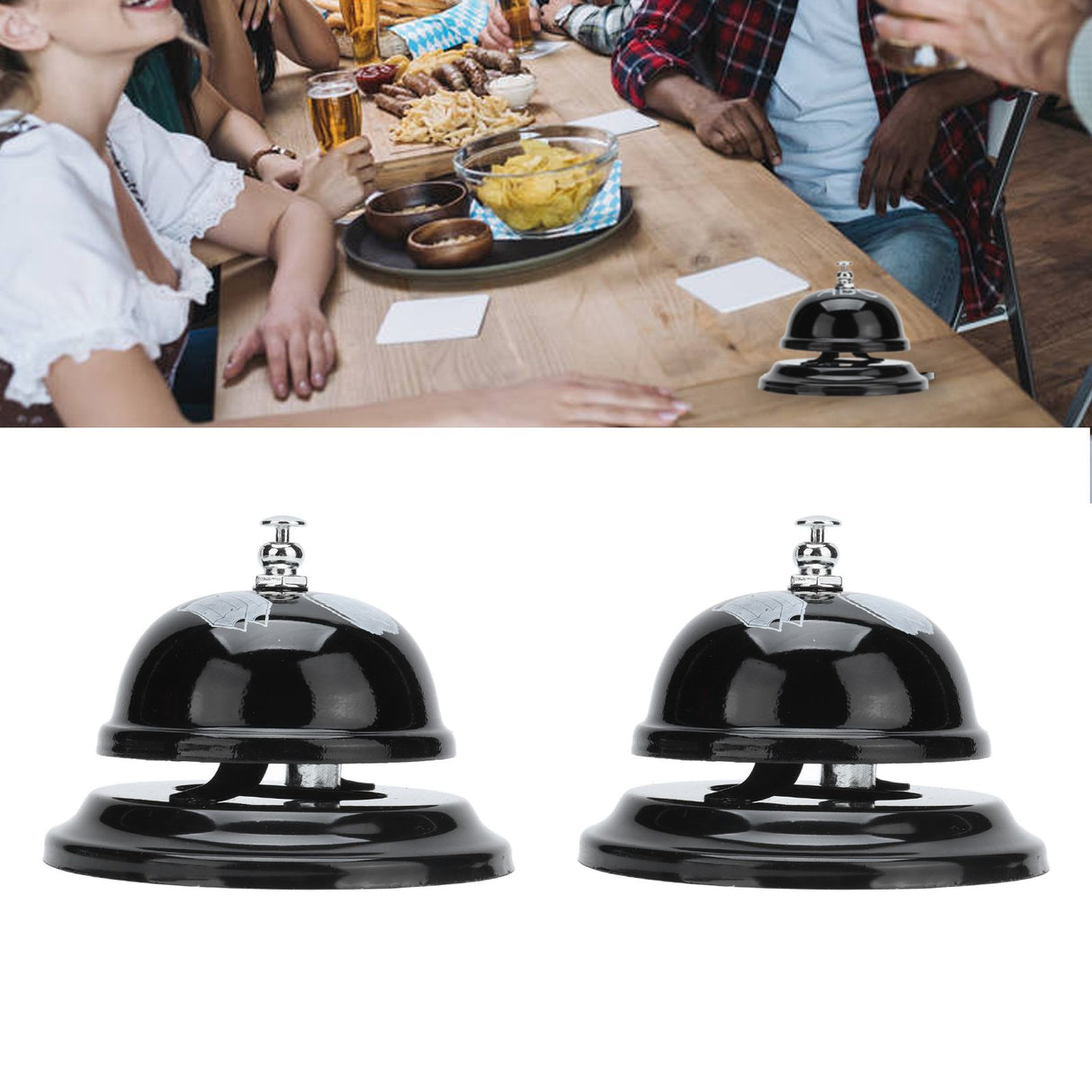 2Pcs Service Bell Exquisite Clear Sound Classic Shape Polishing Glossy Nonslip Base Call Bell for Hotel Restaurant HomeBlack