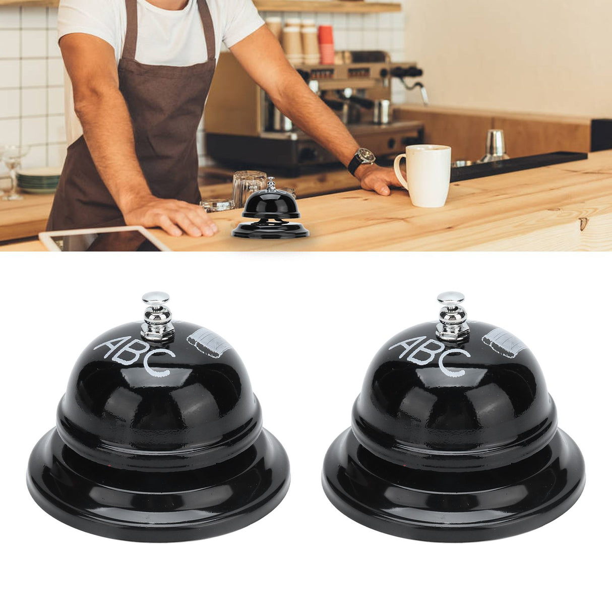 2Pcs Service Bell Exquisite Clear Sound Classic Shape Polishing Glossy Nonslip Base Call Bell for Hotel Restaurant HomeBlack