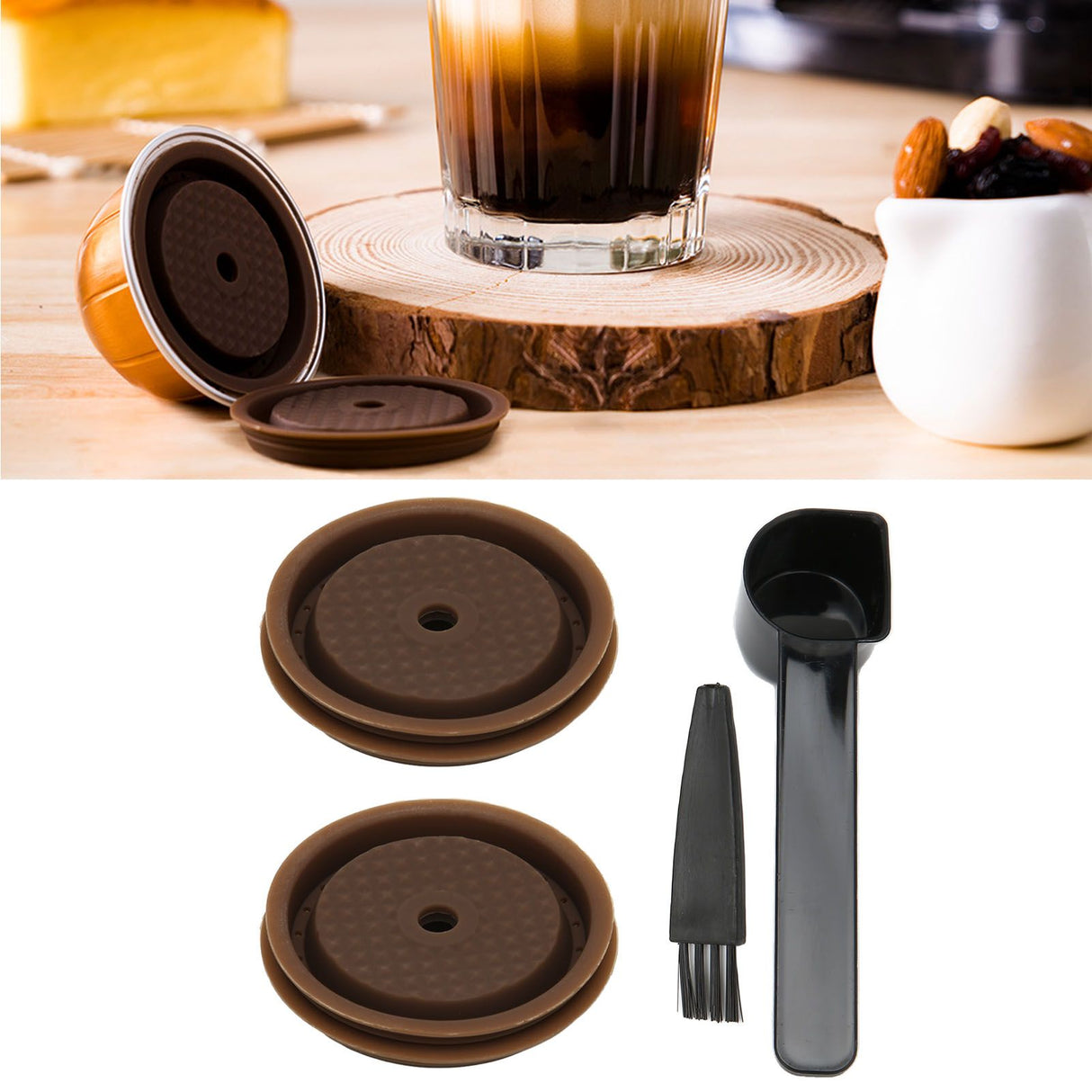 Reusable Coffee Capsule Lid Food Grade Silica Gel Environmental Resilient Lid with Brush Spoon for Vertuoline Pro Coffee Pod