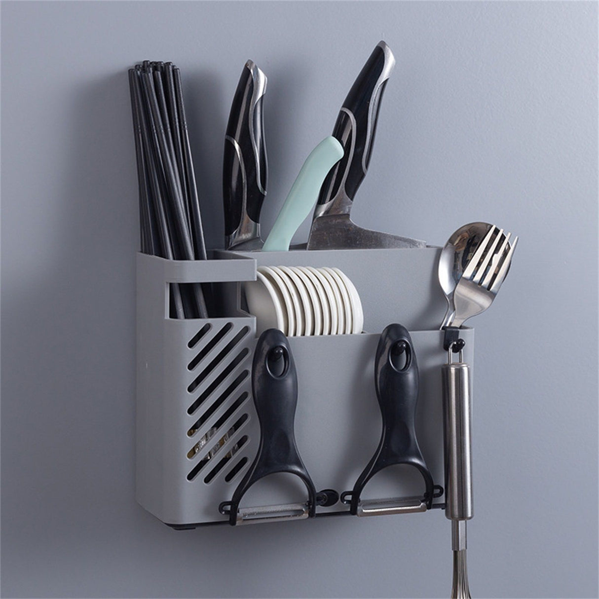 Cutlery Holder Multifunctional Wall Mounted Chopsticks Drying Rack for Home Kitchen Grey