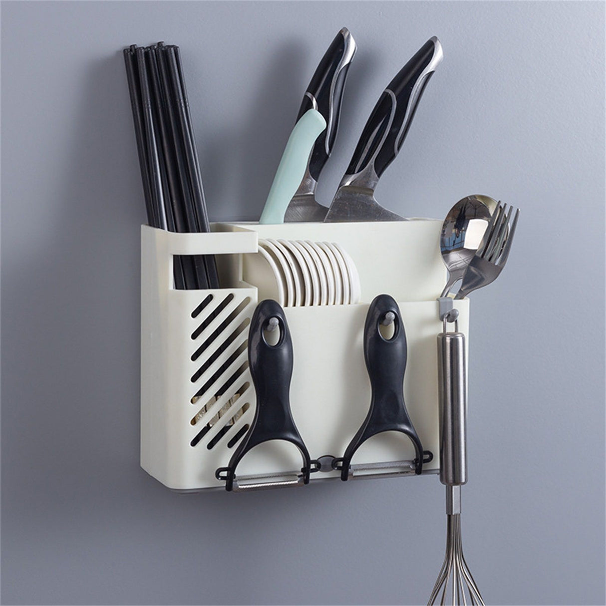 Cutlery Holder Multifunctional Wall Mounted Chopsticks Drying Rack for Home Kitchen White