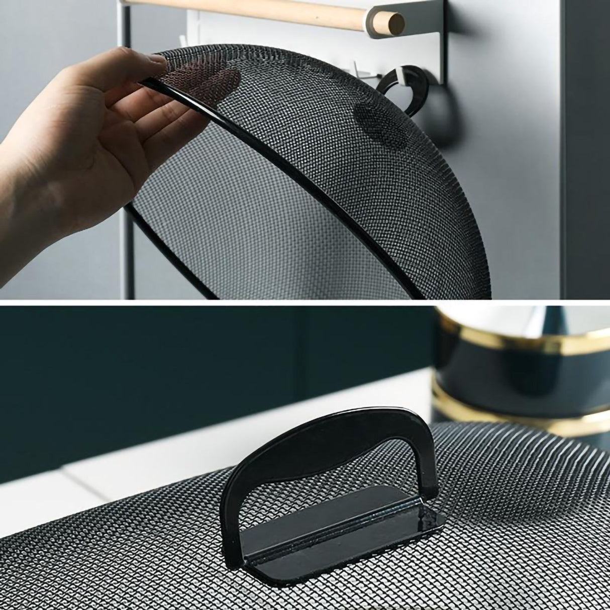 Food Cover Dense Mesh Design 180 Degree Rotatable Simple Iron Food Screen with Handle for Home Dining Room Black Rectangle Large