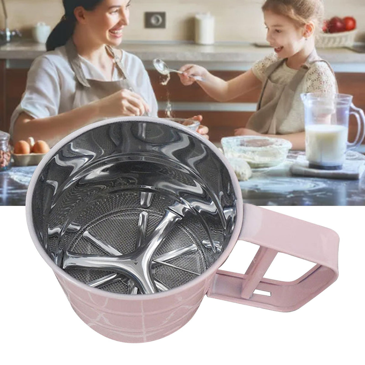 Flour Sifter Stainless Steel Corrosion Resistant Safe Odorless Beautiful Handheld Baking Flour Mesh Sieve Pink