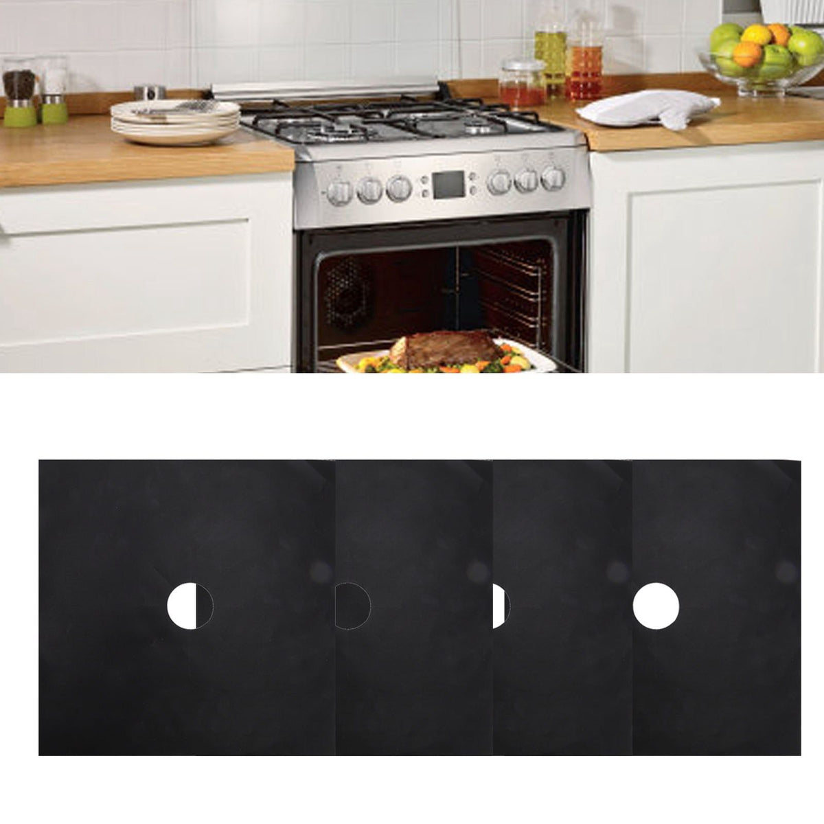 4Pcs Stove Burner Cover PTFE Coating Non Stick Gas Range Stove Top Protector Pad for Kitchen Cooking Black 27x27cm 0.1mm