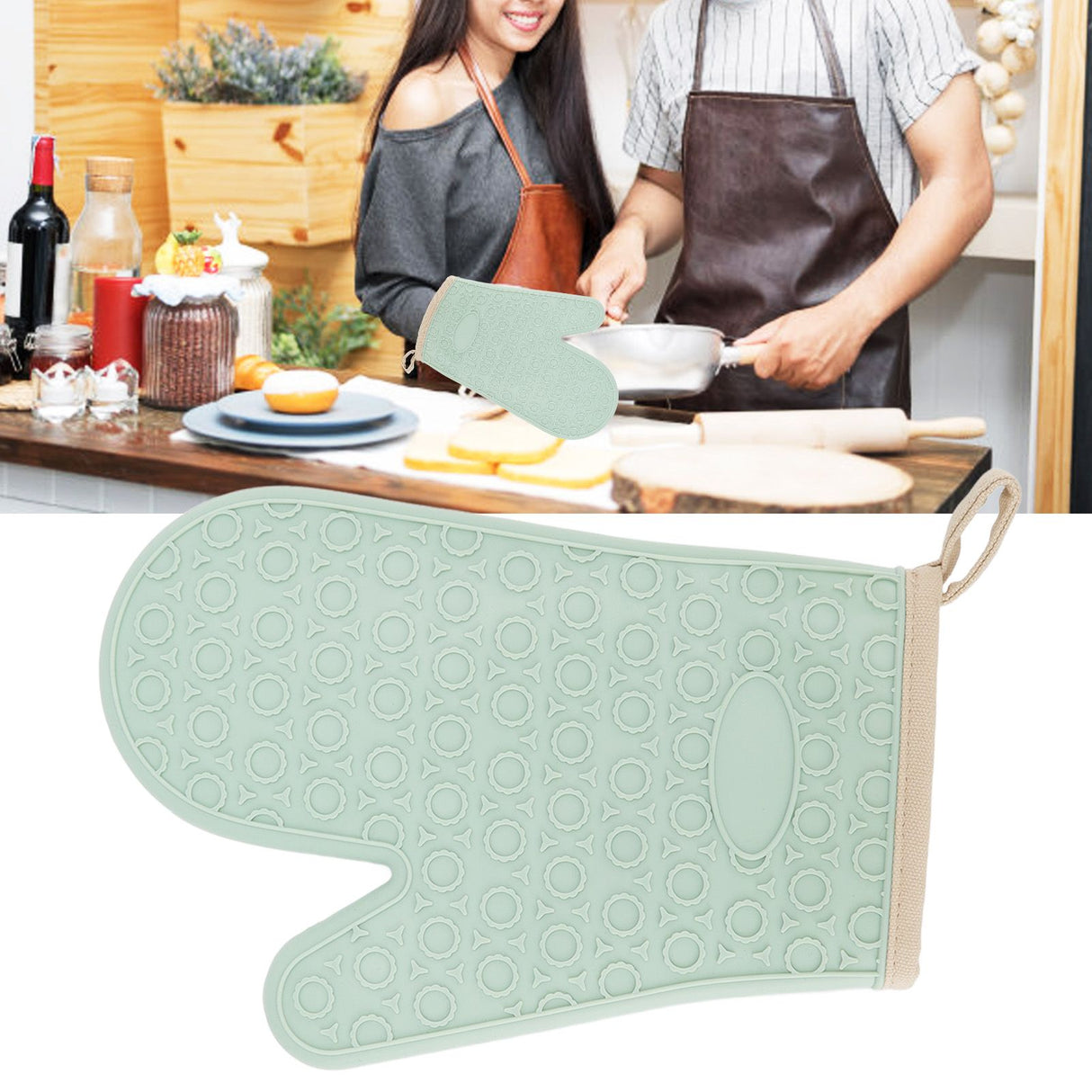 Silicone Oven Mitt High Temperature Resistant Waterproof Slip Proof Kitchen Baking Glove with Cotton Liner Green