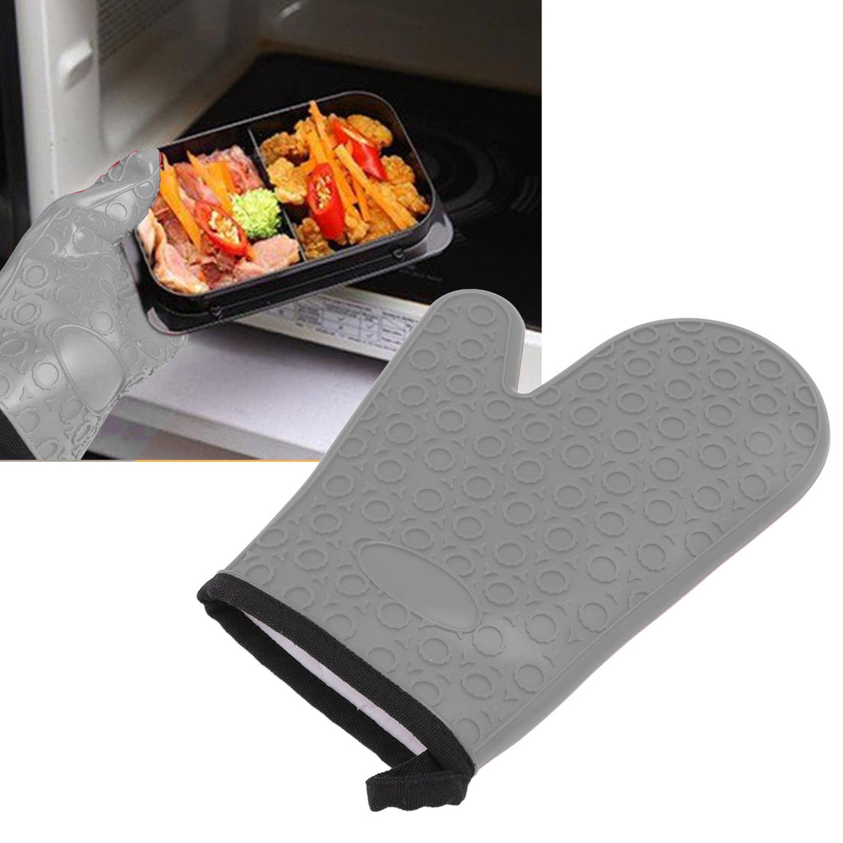 Silicone Oven Mitt High Temperature Resistant Waterproof Slip Proof Kitchen Baking Glove with Cotton Liner Gray