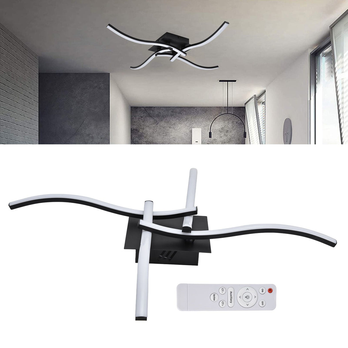 LED Ceiling Light Wavy Shape 3 Color Dimming Wrought Iron Ceiling Fixture with Remote Control Black AC110‑265V