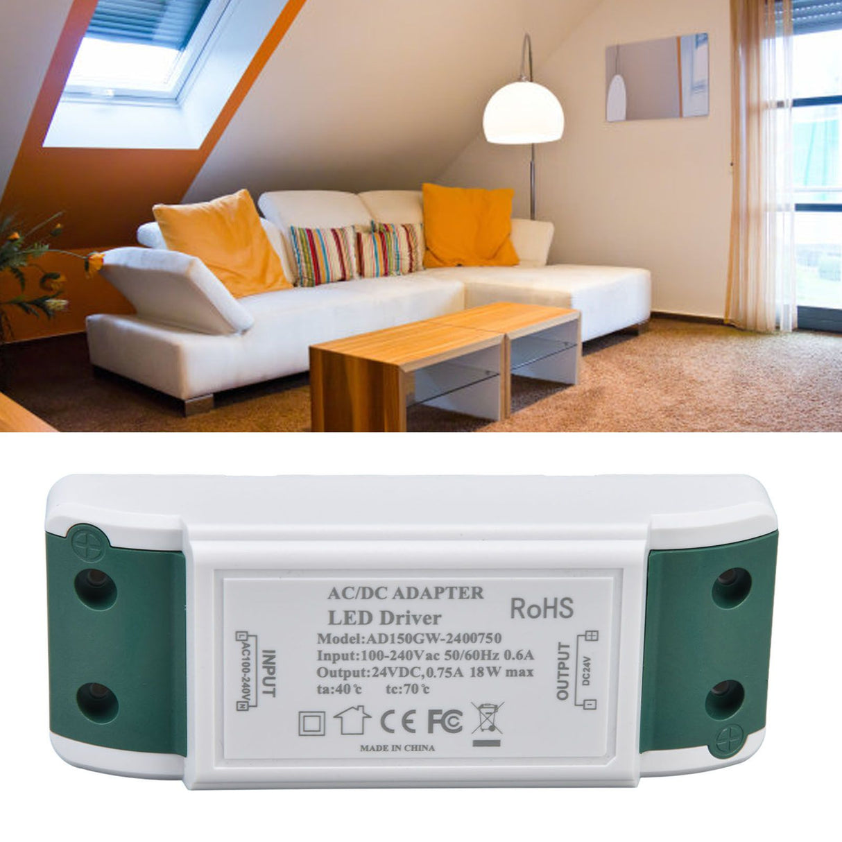 LED Driver 24V DC 0.75A 18W Quiet Operation Constant Current 24V Transformer for LED Strip Lights AC100‑240V