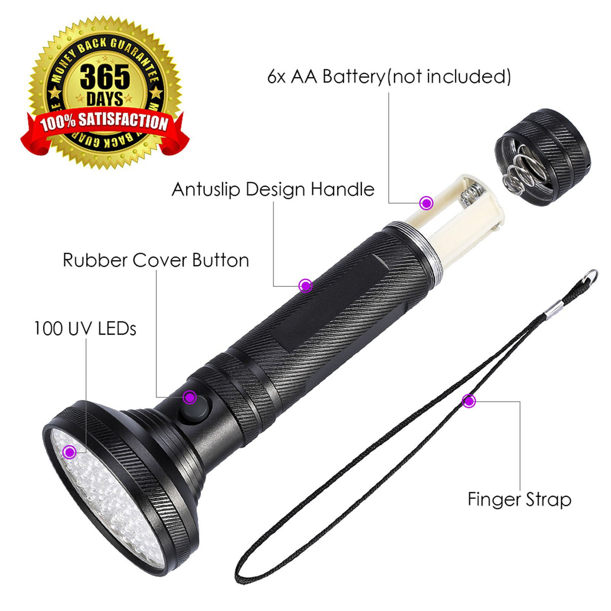 UV Flashlight Waterproof Safe Reliable Black Fluorescent Detection Supplies for Banknote Verification Stain Detection