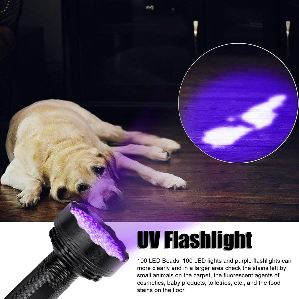 UV Flashlight 100 LED Beads 395nm Easy Use Excellent Performance Anti Slip Treatment Fluorescent Detection Supplies