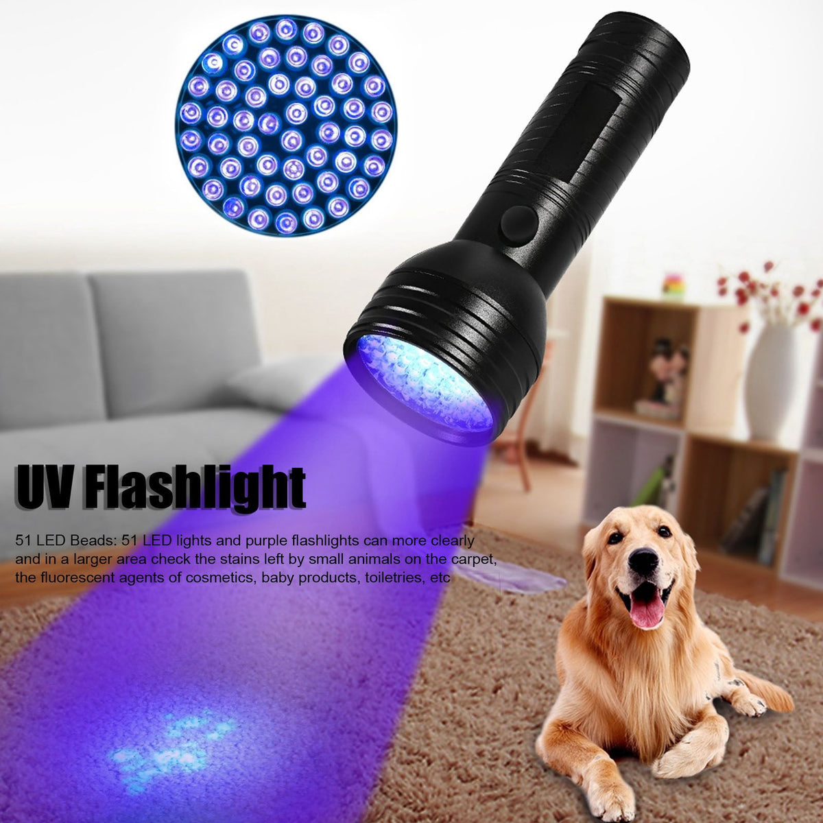 UV Flashlight 51 LED 395nm Waterproof Large Irradiation Range Excellent Performance Fluorescent Detection Supplies