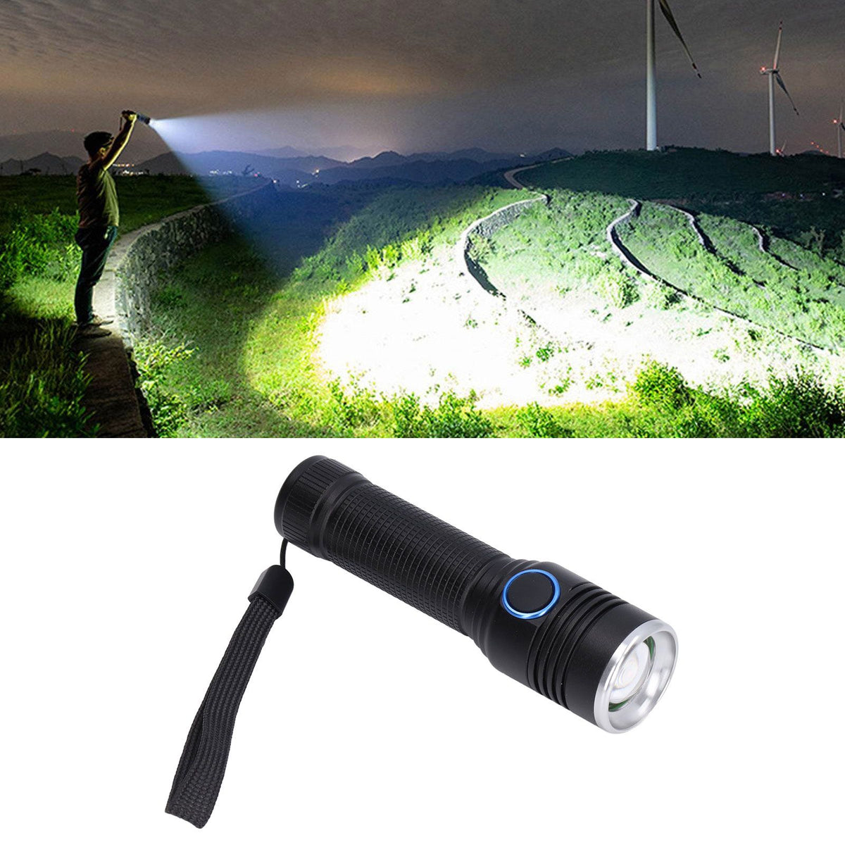 LED Flashlight Telescopic Zoom Protective Function Aluminum Alloy Barrel 2000LM Zoom FlashlightBlack