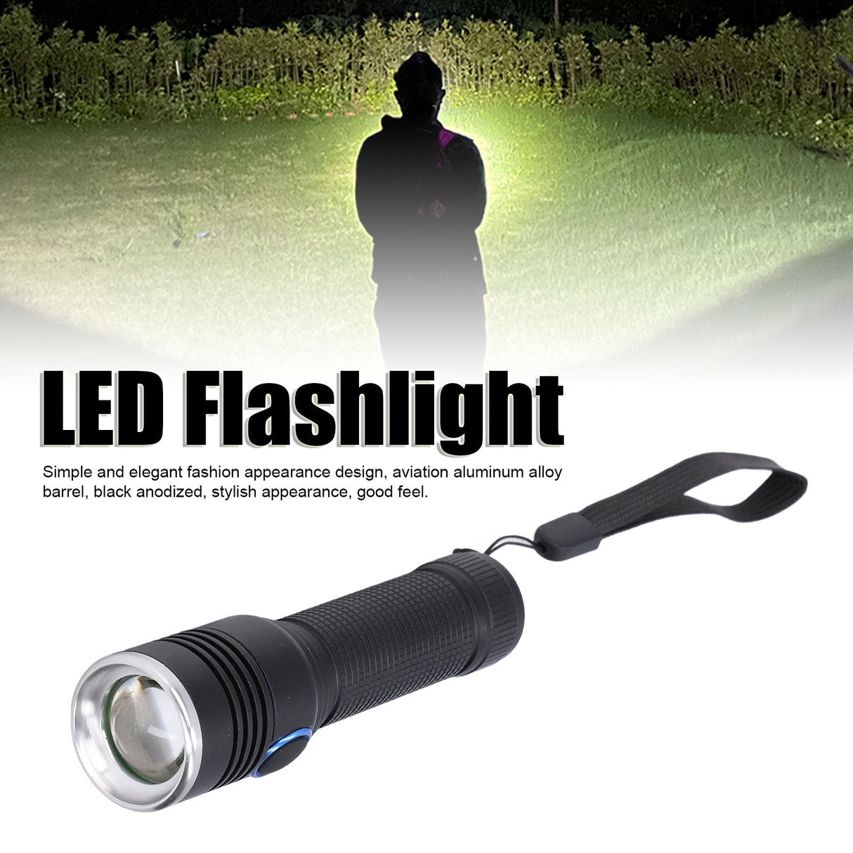 LED Flashlight Telescopic Zoom Protective Function Aluminum Alloy Barrel 2000LM Zoom FlashlightBlack