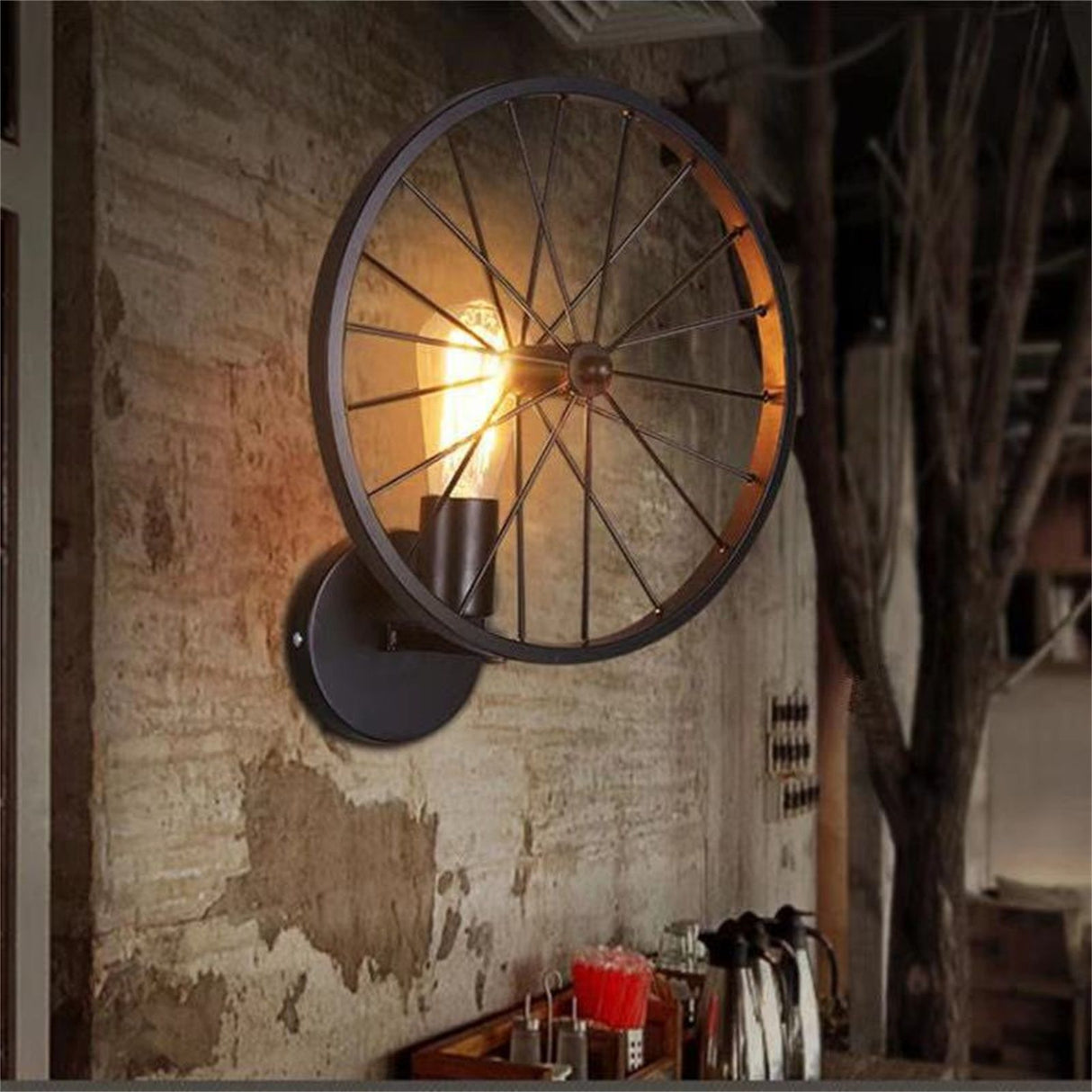 Wall Lamp Decorative Wheel Light Retro Industrial Style Iron for Balcony Corridor Black