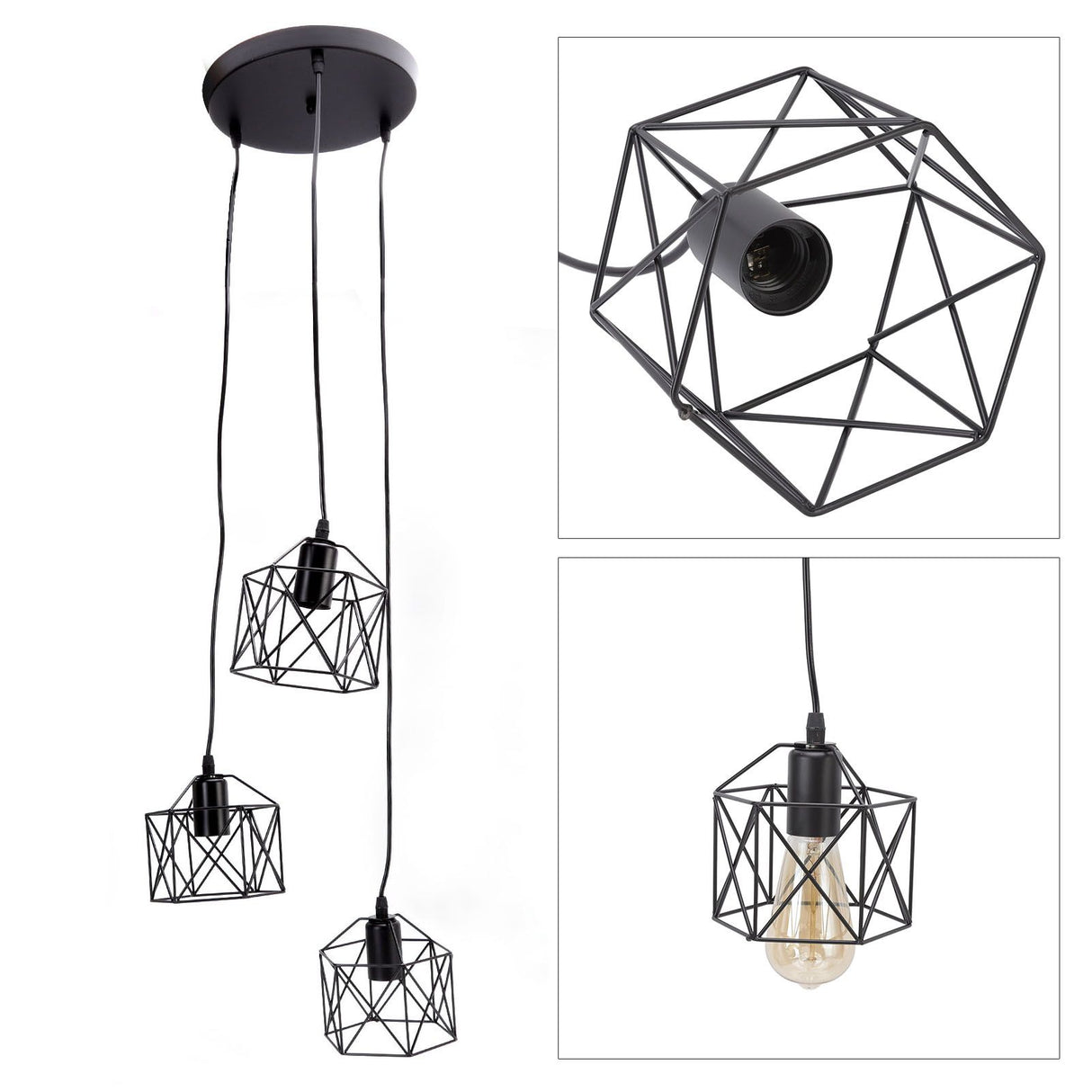 Antique Pendant Lampshade E27 3 Head Retro Unique Style Hanging Light Shade for Home Cafes 85‑240V