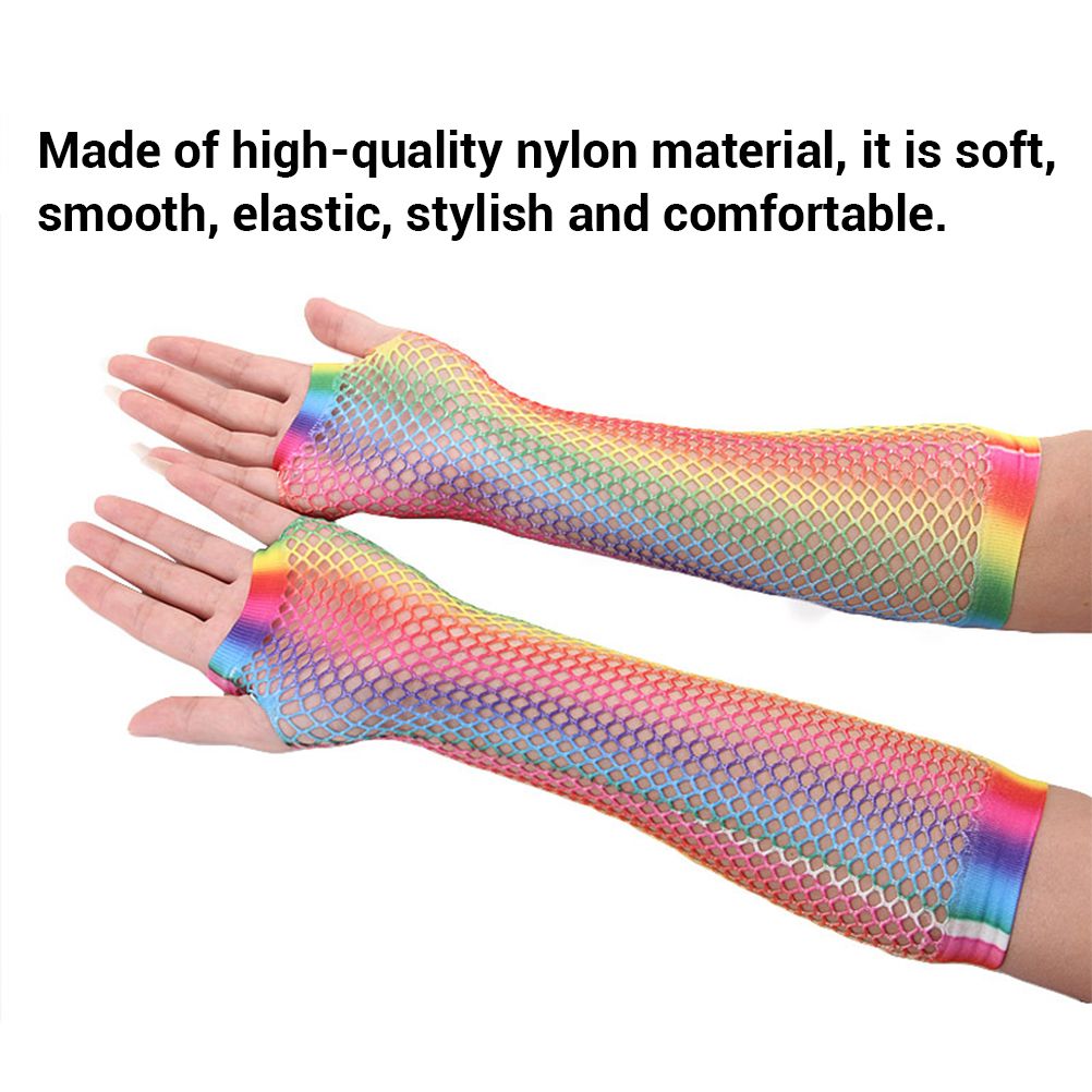 1 Pair Womens Shiny Rainbow Printed Net Gloves Hollow Out Bridal Fingerless Gloves for Wedding Party Dance Costume