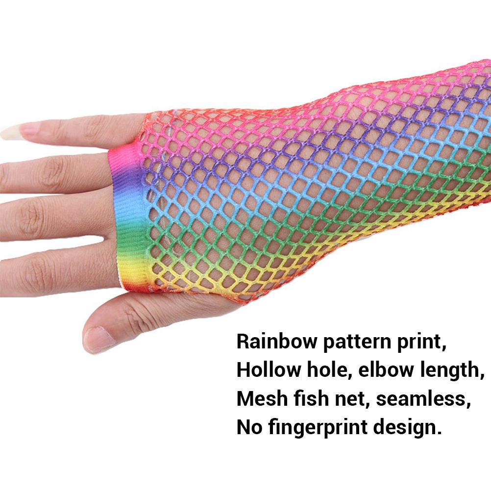1 Pair Womens Shiny Rainbow Printed Net Gloves Hollow Out Bridal Fingerless Gloves for Wedding Party Dance Costume