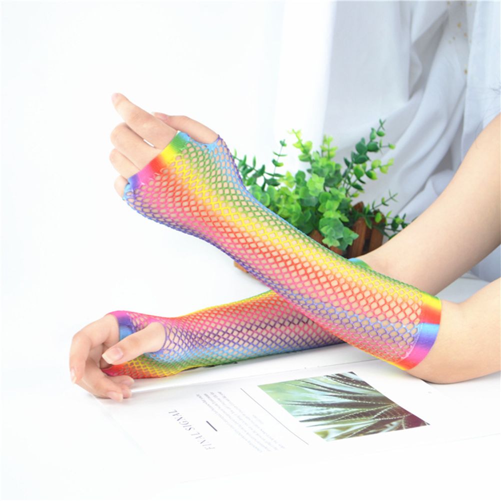 1 Pair Womens Shiny Rainbow Printed Net Gloves Hollow Out Bridal Fingerless Gloves for Wedding Party Dance Costume