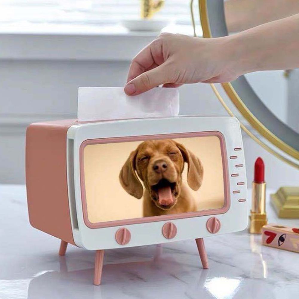 Retro Tissue Box Television Shaped Roll Paper Storage Container Built In Phone Holder