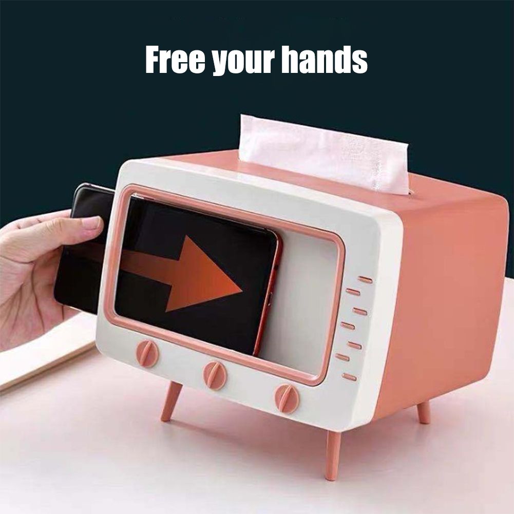 Retro Tissue Box Television Shaped Roll Paper Storage Container Built In Phone Holder