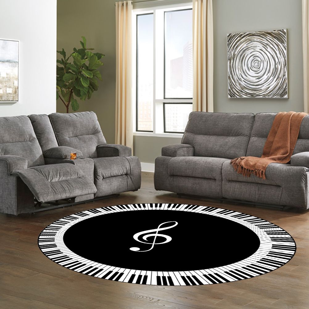 Musical Note Black White Piano Key Printed Round Carpets Area Rugs for Home Living Room Bedroom Floor Decoration