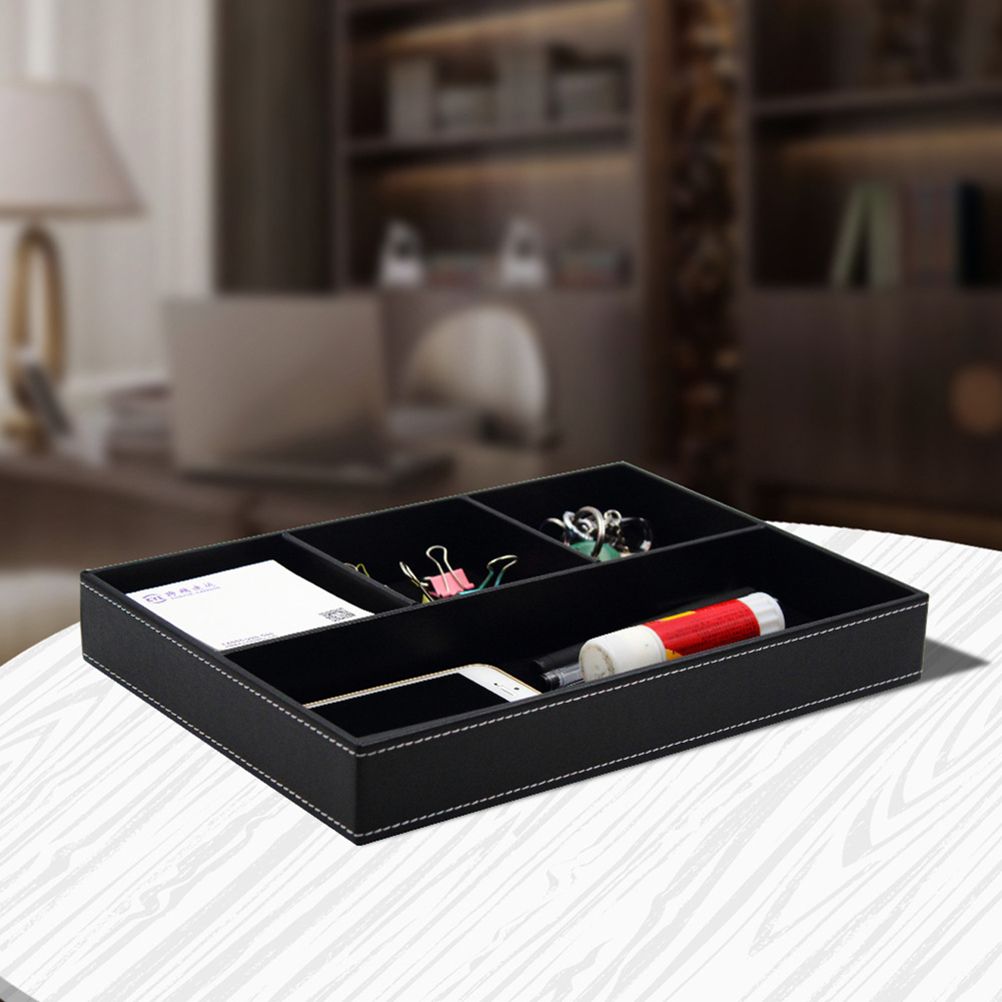 4 Compartments Leatherette Valet Tray Desk Dresser Top Organizer Box for Wallets Coins Keys and Jewelry