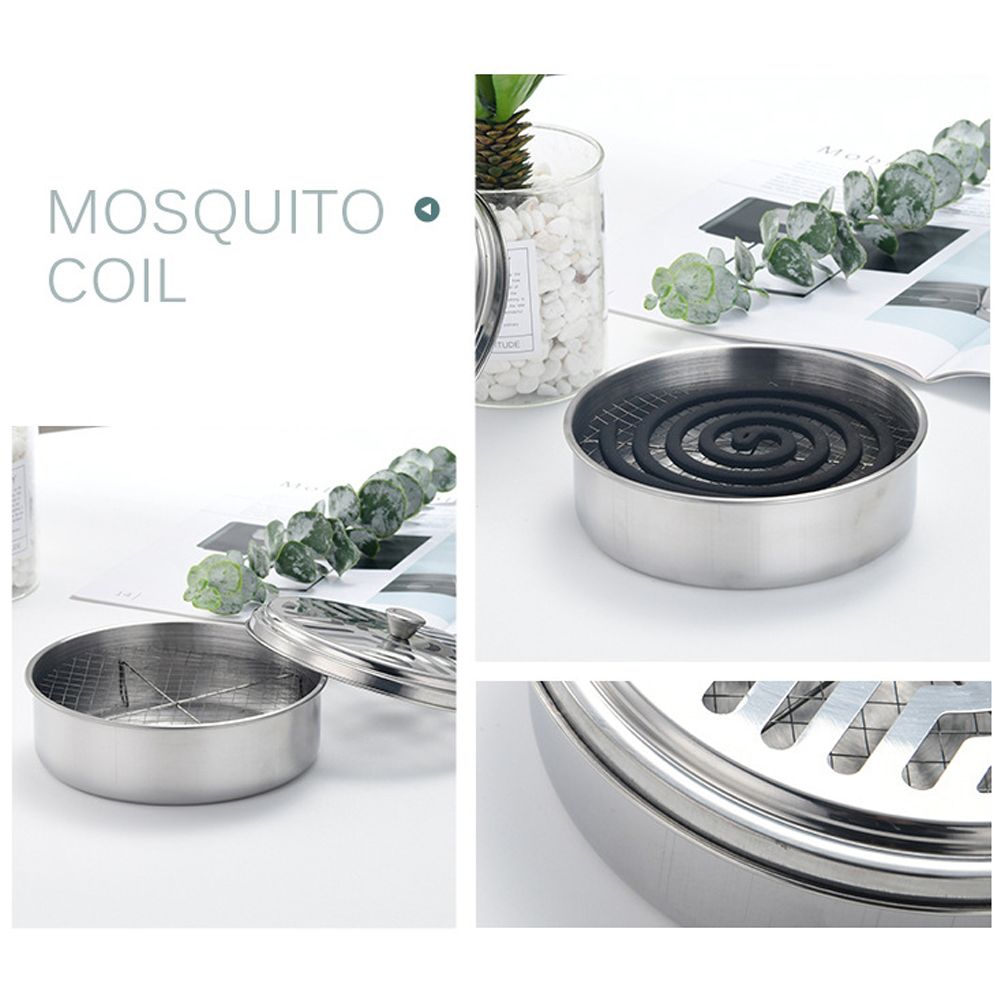 Round Mosquito Coil Holder Stainless Steel Mosquito Coil Disk Portable Mosquito Coil Tray with Hollow Cover