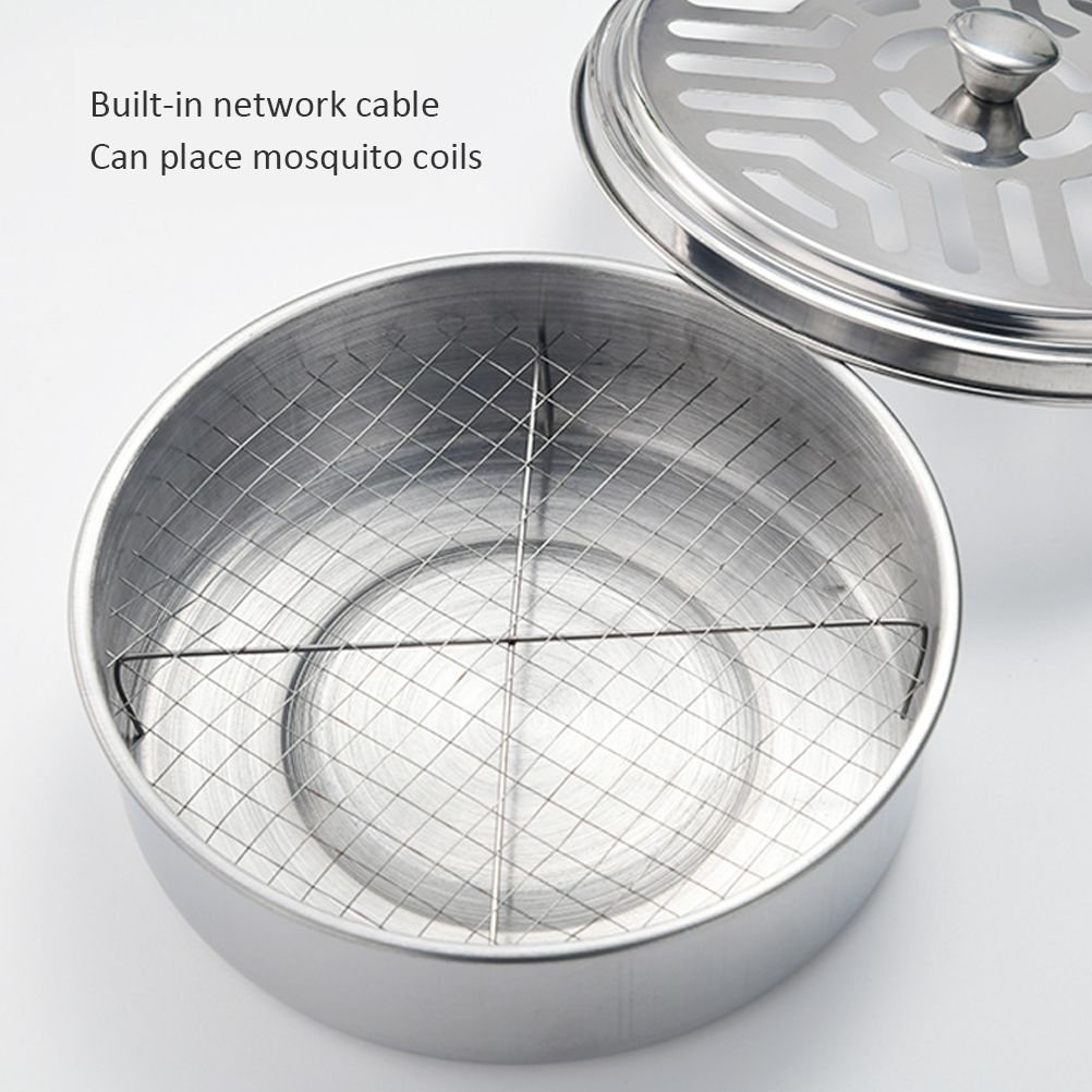 Round Mosquito Coil Holder Stainless Steel Mosquito Coil Disk Portable Mosquito Coil Tray with Hollow Cover