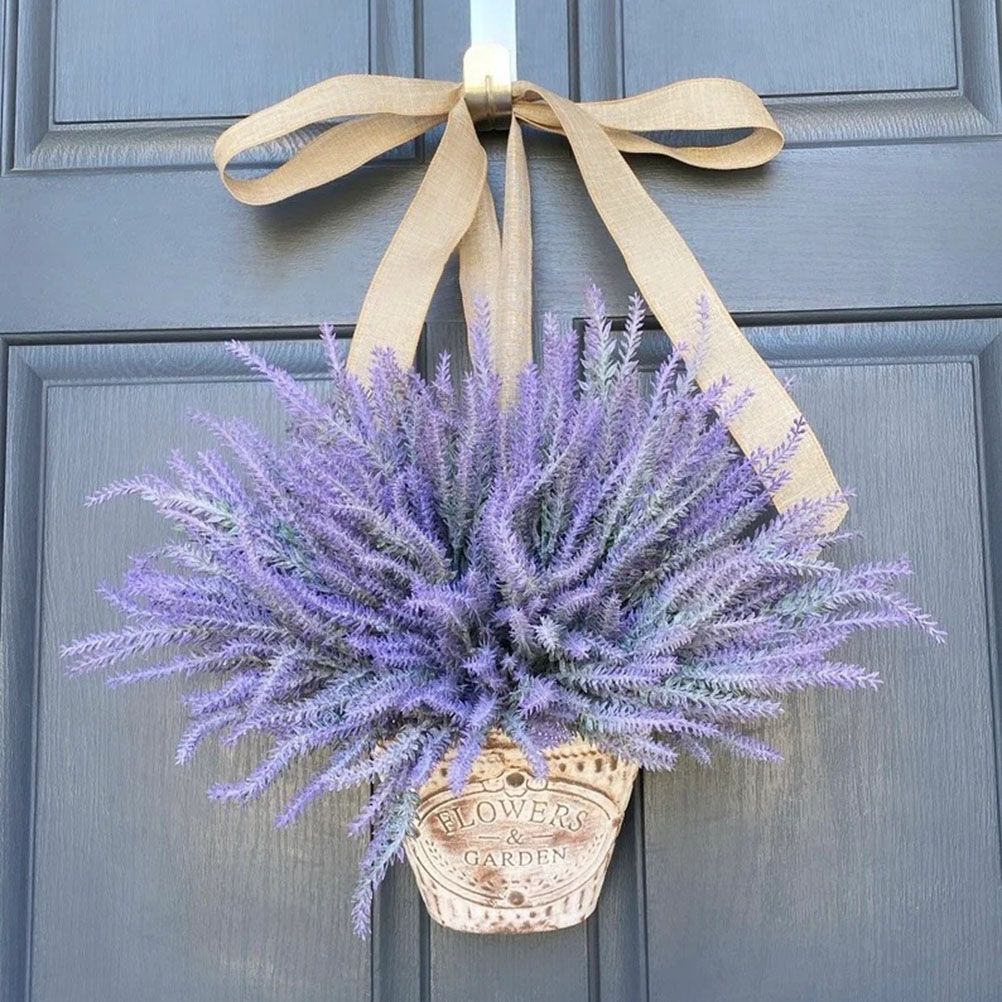Artificial Hanging Flowers in Basket for Front Door Hanging Lavender Wreath Basket Outdoor Indoor Patio Lawn Courtyard Garden Decor