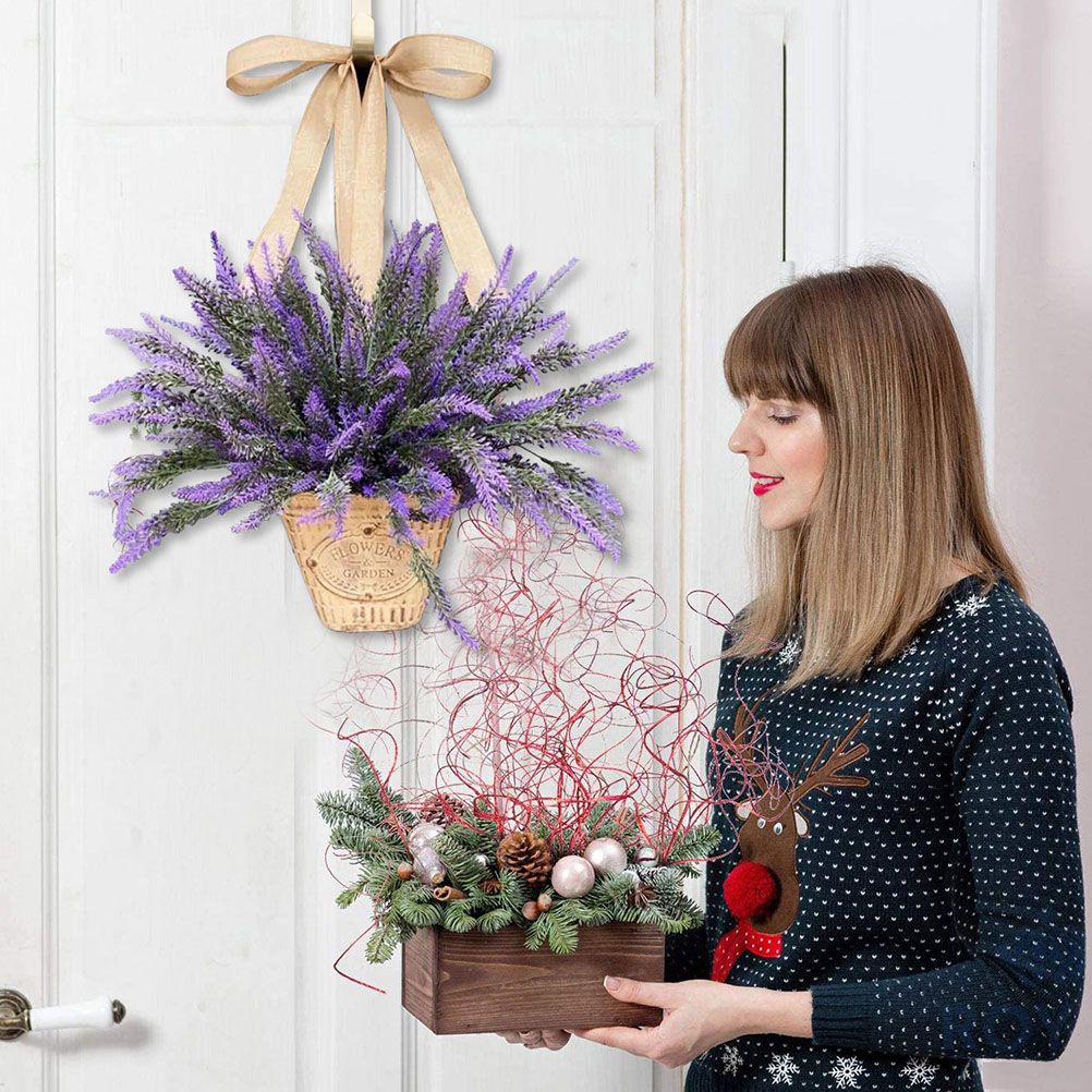 Artificial Hanging Flowers in Basket for Front Door Hanging Lavender Wreath Basket Outdoor Indoor Patio Lawn Courtyard Garden Decor