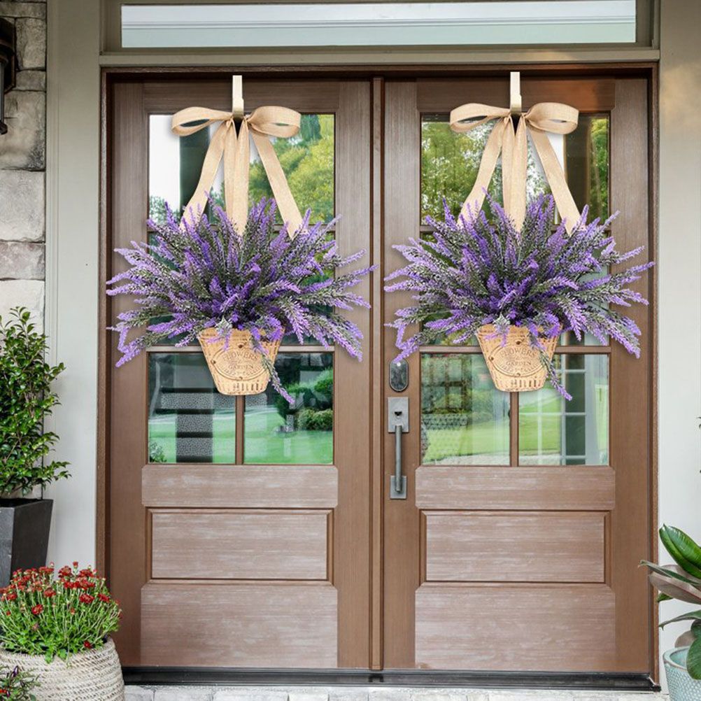 Artificial Hanging Flowers in Basket for Front Door Hanging Lavender Wreath Basket Outdoor Indoor Patio Lawn Courtyard Garden Decor