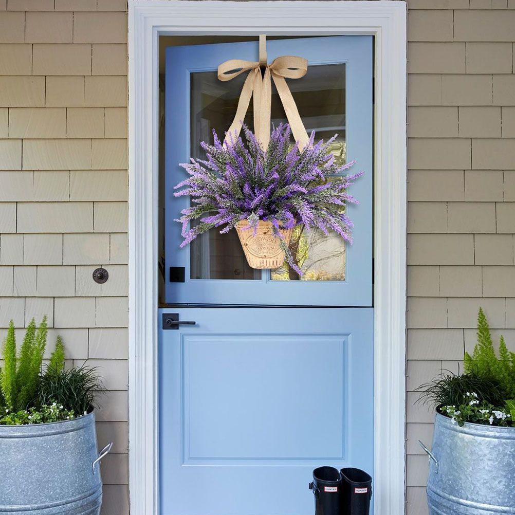 Artificial Hanging Flowers in Basket for Front Door Hanging Lavender Wreath Basket Outdoor Indoor Patio Lawn Courtyard Garden Decor
