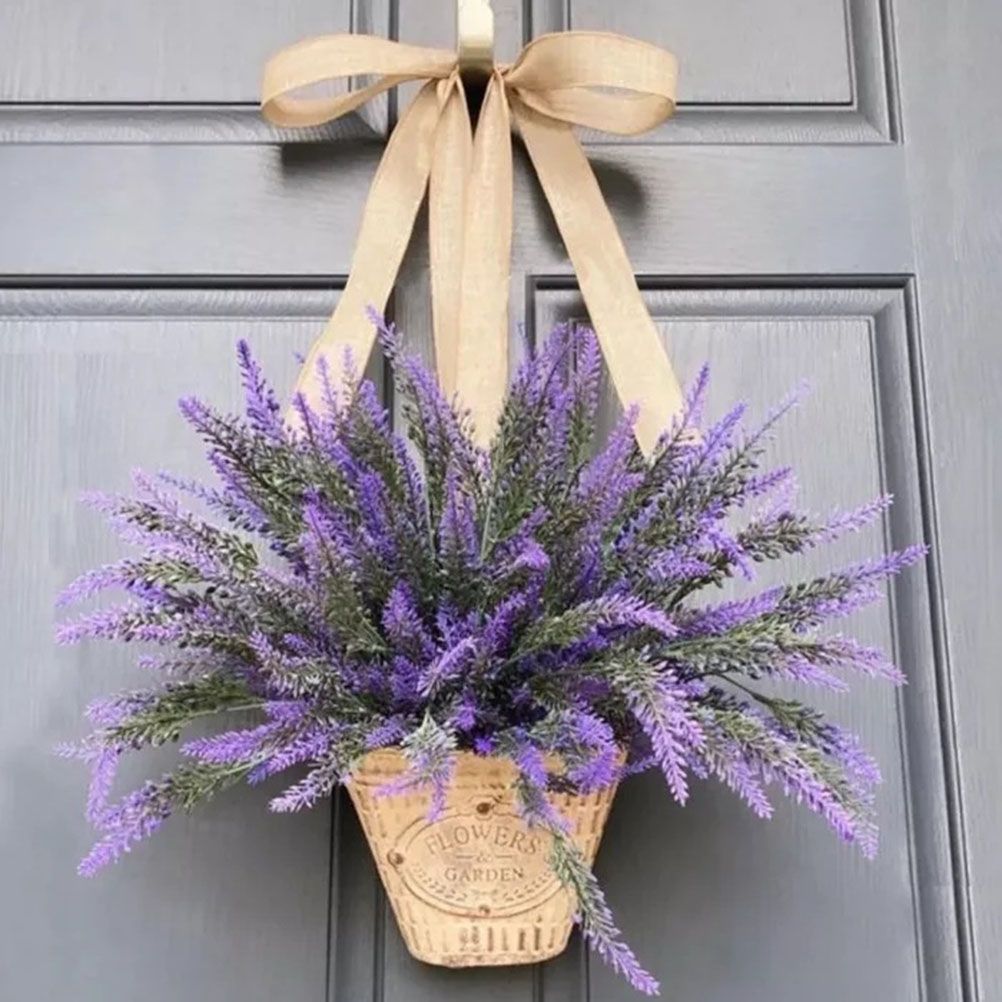 Artificial Hanging Flowers in Basket for Front Door Hanging Lavender Wreath Basket Outdoor Indoor Patio Lawn Courtyard Garden Decor