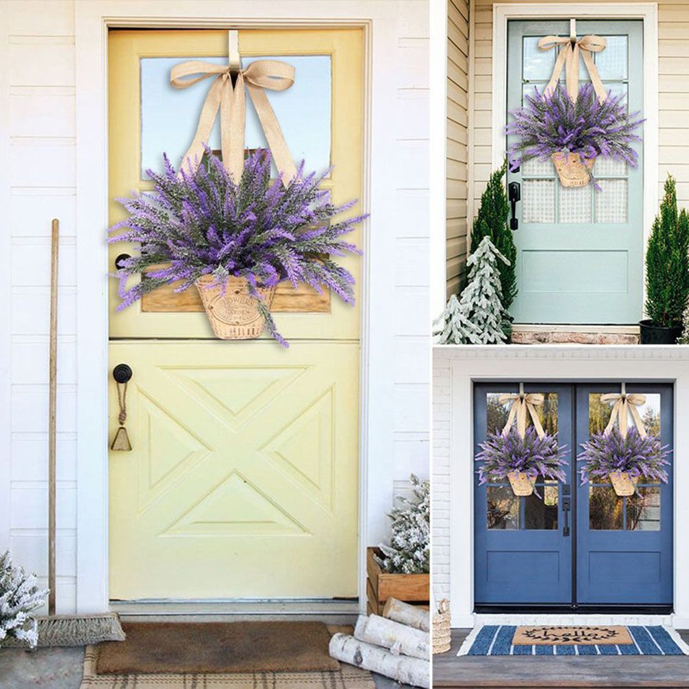 Artificial Hanging Flowers in Basket for Front Door Hanging Lavender Wreath Basket Outdoor Indoor Patio Lawn Courtyard Garden Decor
