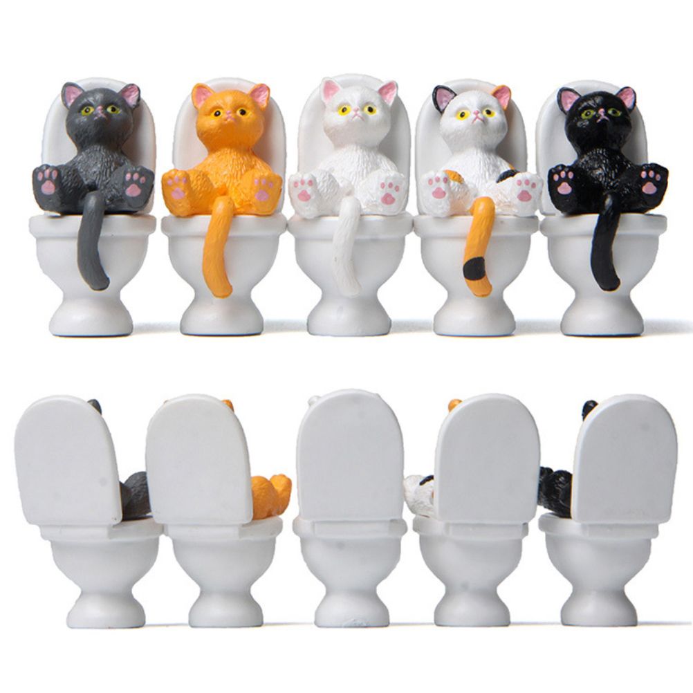 5Pcs Cat Sitting on Toilet Statues Mini Toilet Cat Figurines Desktop Ornaments Home Decor Cartoon Animal Garden Statues for Micro Landscape