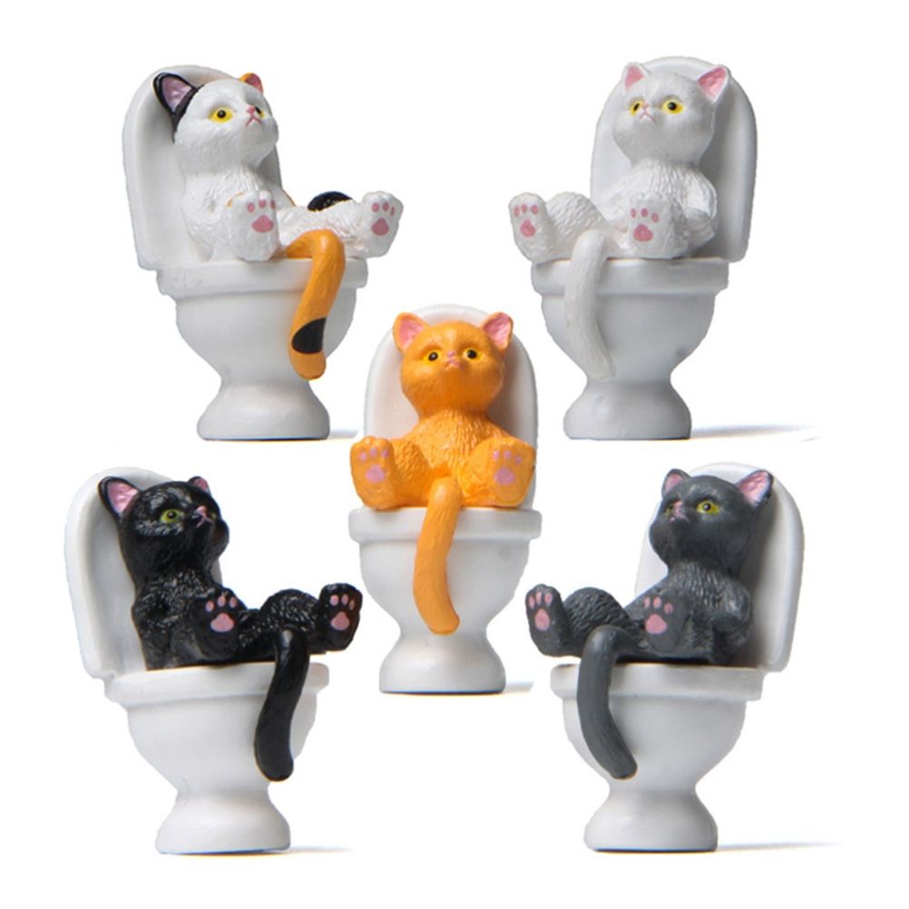 5Pcs Cat Sitting on Toilet Statues Mini Toilet Cat Figurines Desktop Ornaments Home Decor Cartoon Animal Garden Statues for Micro Landscape