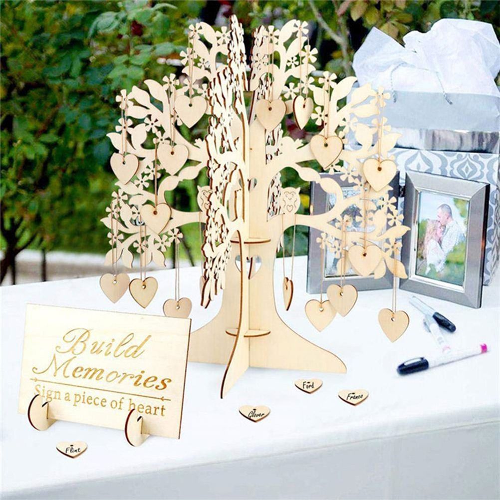 Wood Tree Frame Guest Book with Stand Unique Rustic Wedding Guest Registry with 100pcs Wooden Hearts