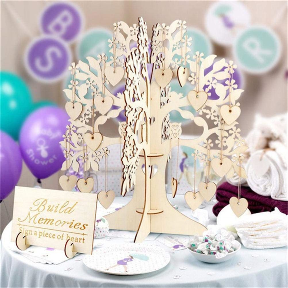 Wood Tree Frame Guest Book with Stand Unique Rustic Wedding Guest Registry with 100pcs Wooden Hearts