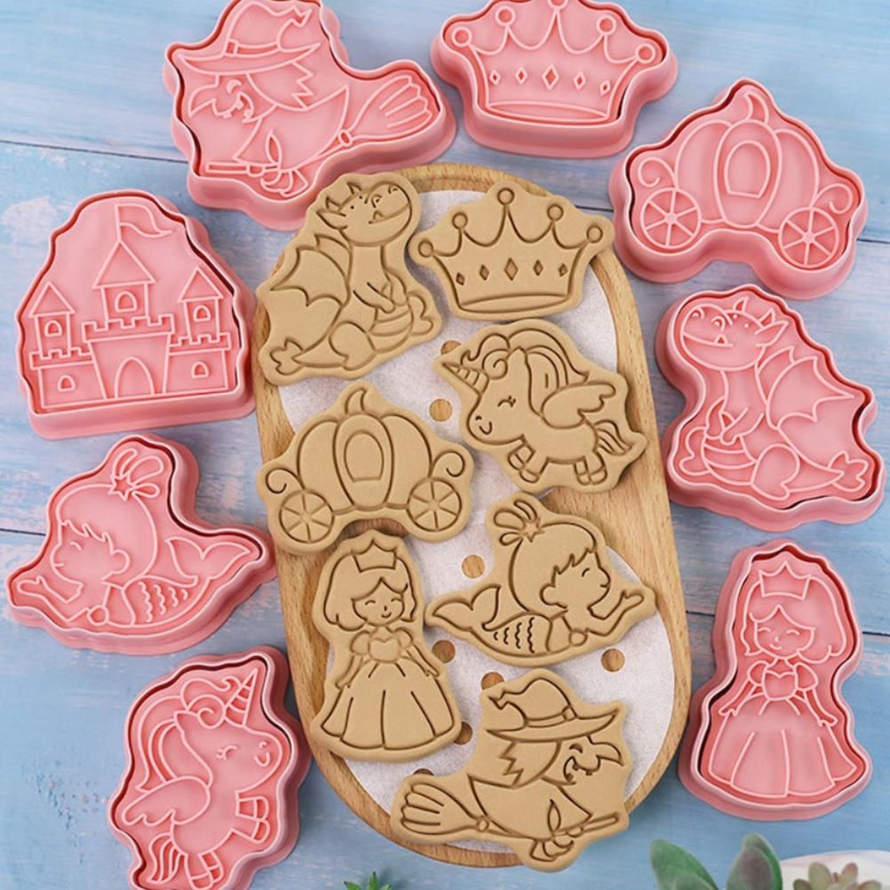 8Pcs 3D Biscuit Cutters Cartoon Dinosaur Fruit Vegetable Birthday Biscuit Mould Baking Mould Hand Press Biscuit Stamp