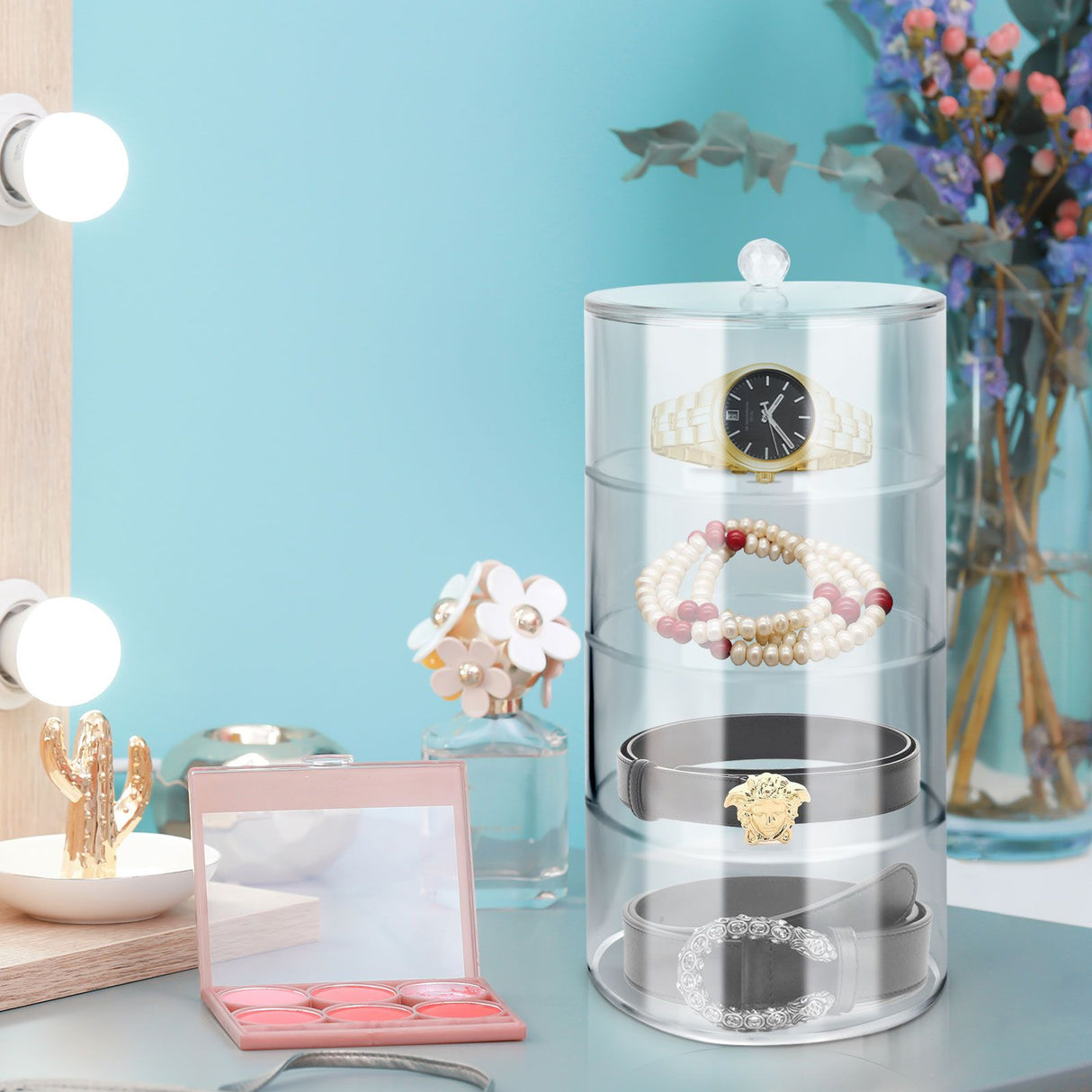 Acrylic Belt Organizer 2 Tiers Transparent 5.5in Diameter Strong Light Belt Display Case