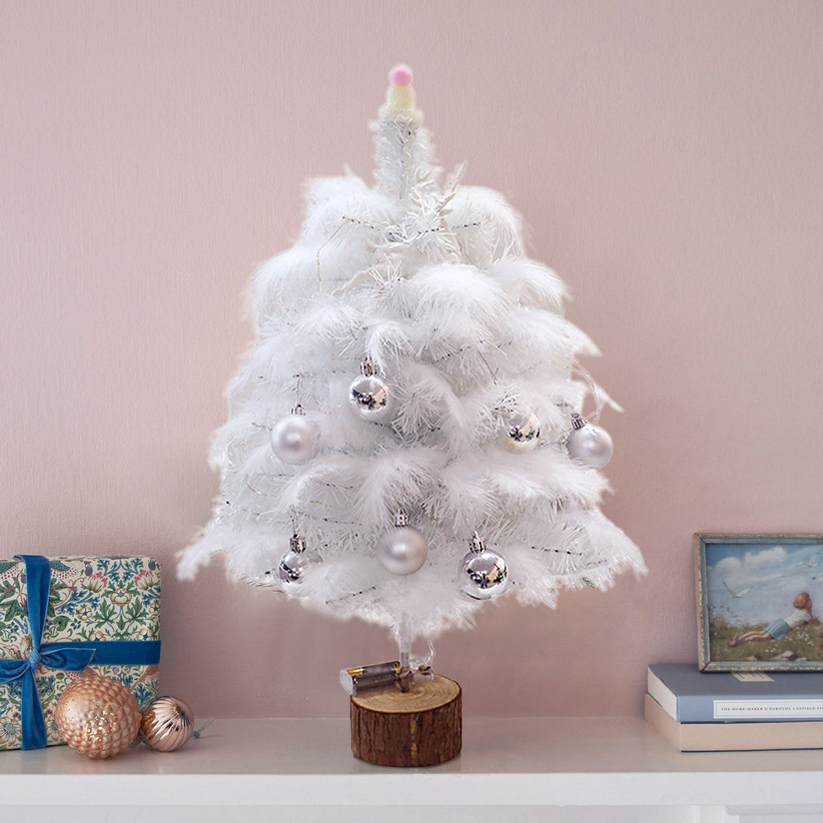Feather Christmas Tree with Lamp String Artificial Christmas Tree Decoration Simulated Desktop Ornaments for Christmas Home