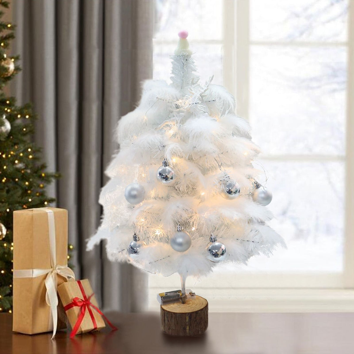 Feather Christmas Tree with Lamp String Artificial Christmas Tree Decoration Simulated Desktop Ornaments for Christmas Home