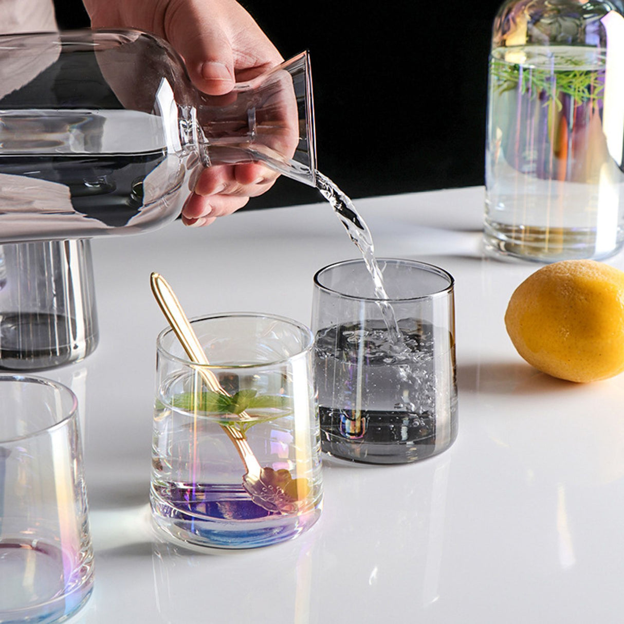 Bedside Glass Pitcher Set 4 Cups Lid 1200ml Capacity Drinking Glasses for Nightstand Colorful