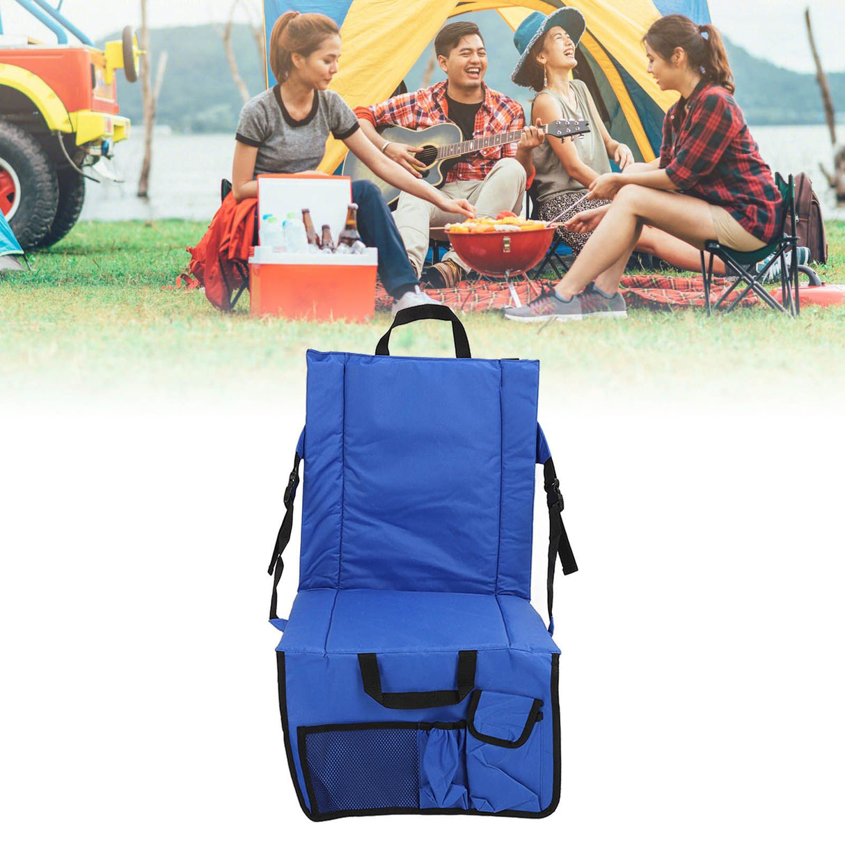 Folding Stadium Chair Adjustable Angle 600D Oxford Cloth Portable Bleacher Cushions with Pocket for Sandbeach Picnic BBQ Blue