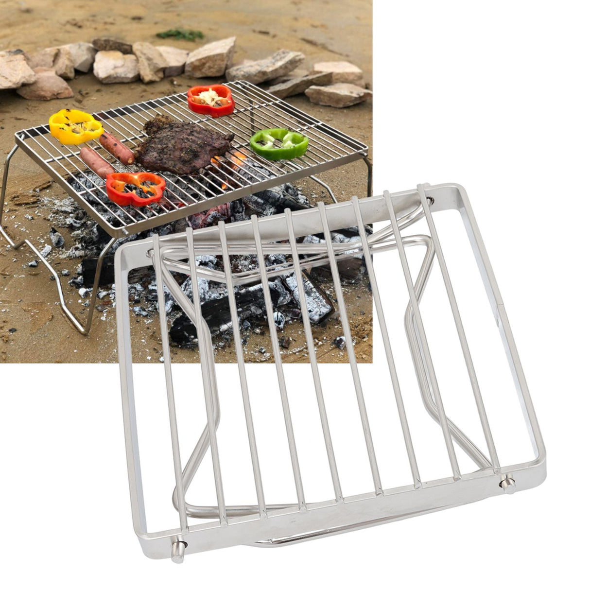 Folding Campfire Grill Stainless Steel Grid Shaped Camping Grill Grate Picnic QQB Grate for Outdoor